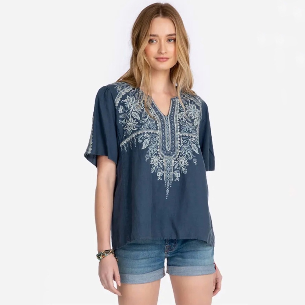 Johnny Was Blue Linen Maike Embroidered Flutter Sleeve Top Size XL